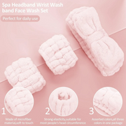Spa Headband & Wrist Wash Band Set (3 pcs) | Soft Microfiber Bow Headband + 2 Wristbands for Face Wa